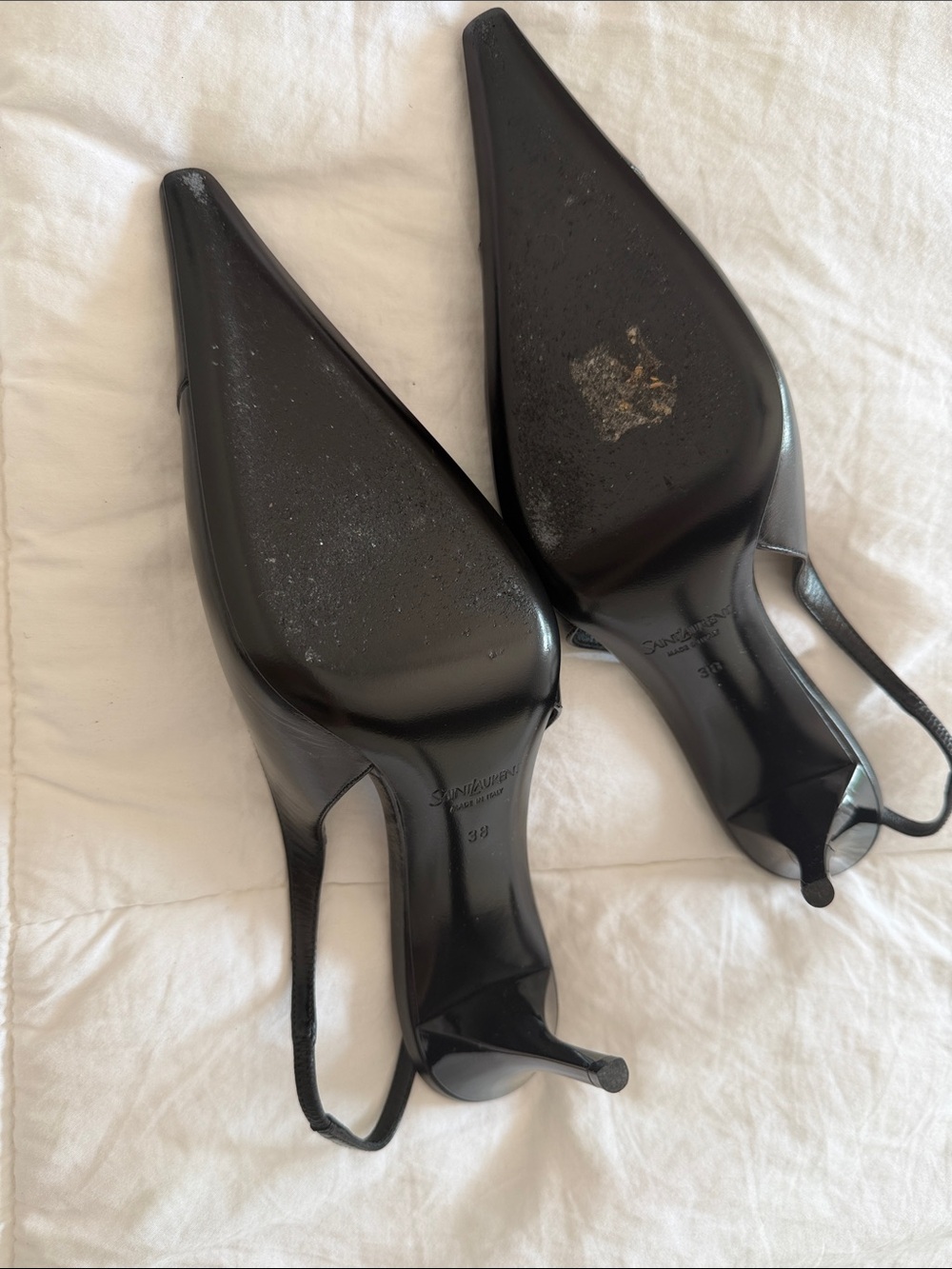 Saint Laurent Black Leather Pointed Slingback Pumps with Gold YSL Charm - Picture 5 of 7
